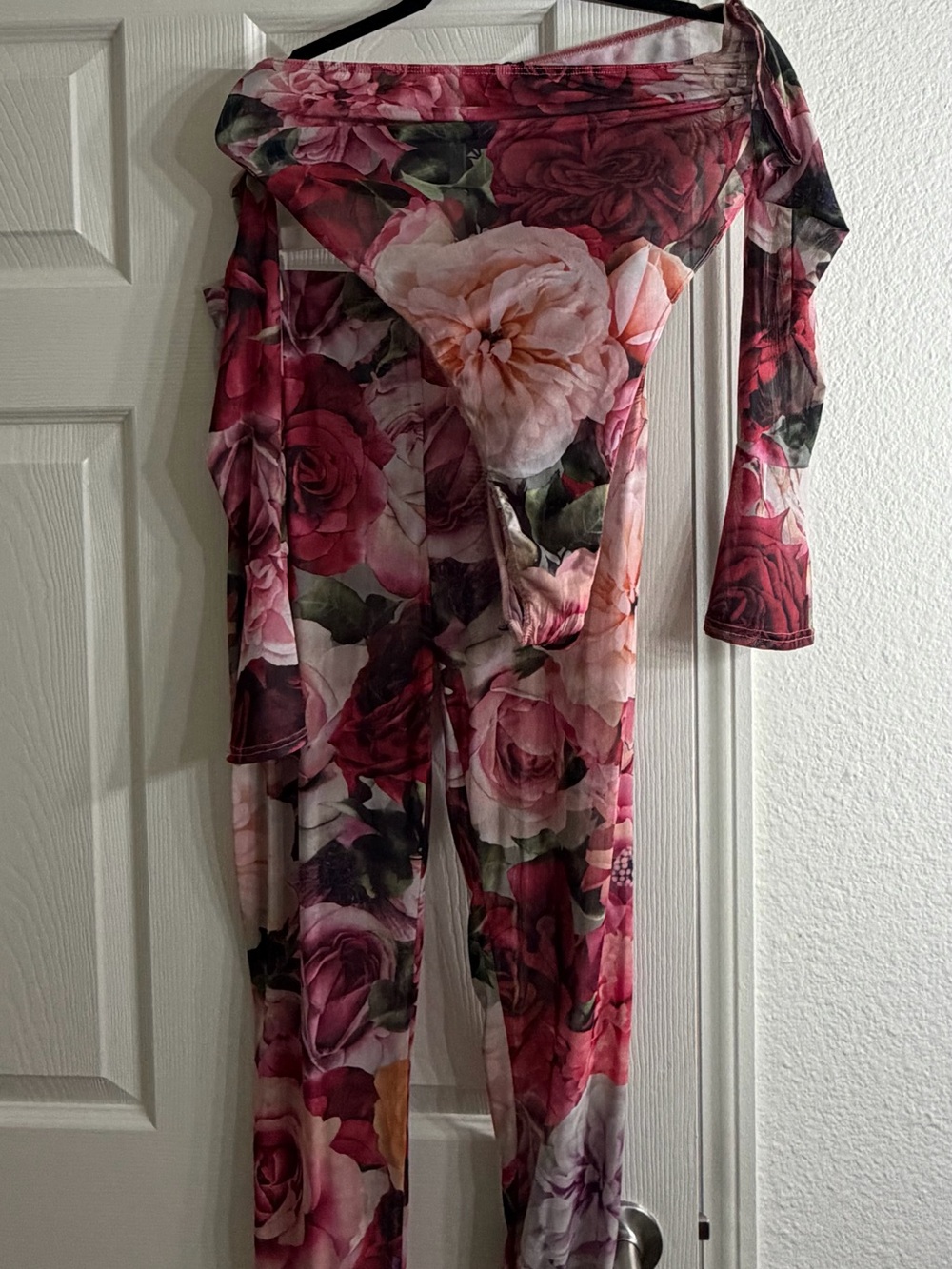 Fashion Nova Floral Off-Shoulder Romper in Pink and Green Rose Print